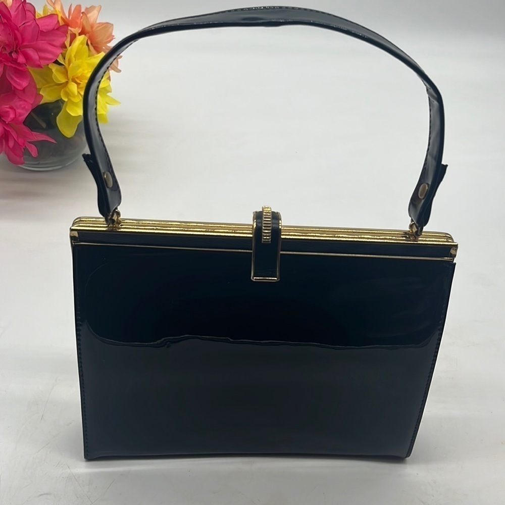 Vintage Patent Leather Shiny Black Evening Bag with gold accents. BP2341B